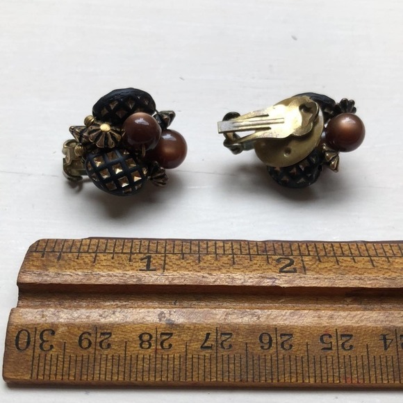 Vintage Clip On Earrings Brown with Bronze Gold Tones Chunky Earth Tone Beads - Picture 6 of 6